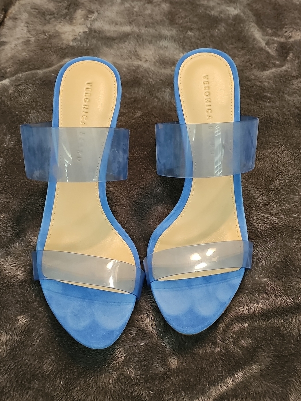 Veronica Beard Blue Suede Slide Sandals with Clear Straps